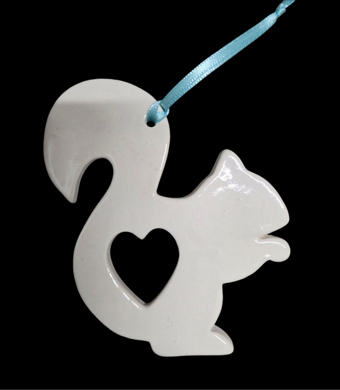 Ornament - Ceramic - White Squirrel with Heart Cut Out
