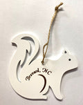 A laser-cut wooden ornament in the shape of a white squirrel with a hollow tail, featuring the text 'Brevard, NC' engraved on it, with a string attached for hanging.