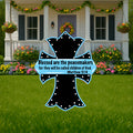 Outdoor Christian Cross Yard Sign with a black cross with blue outline. Sign quote says Blessed are the peacemakers for they wll be called children of God Mattew 5:19.