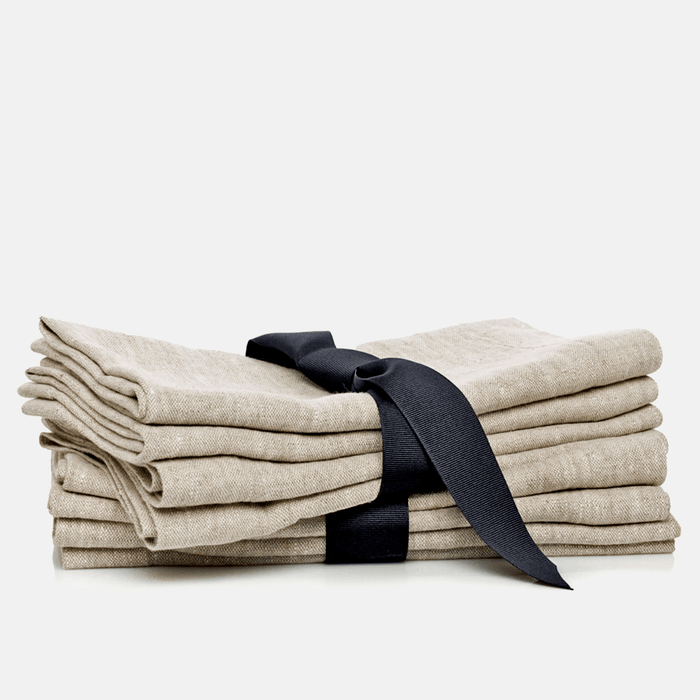 Oversized natural washed flax linen napkins, set of 4, tied with a black ribbon.