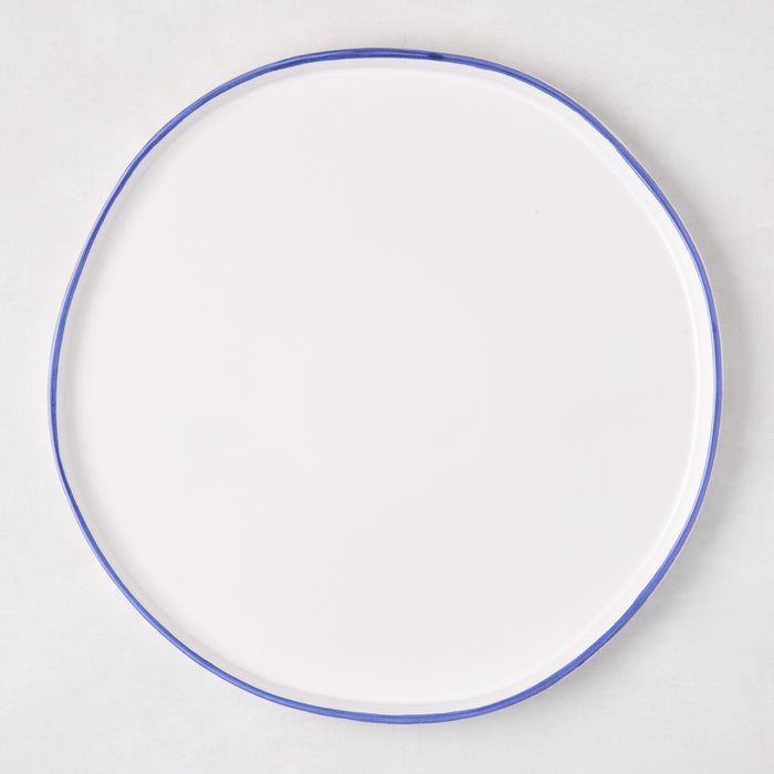 Pacific Blue-Rimmed Stoneware Dinner Plate, 11" diameter, with hand-painted irregular blue edge.