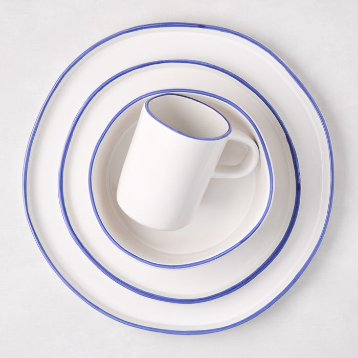 Pacific Blue-Rimmed Stoneware Salad Plate, dinner plate, and mug set.