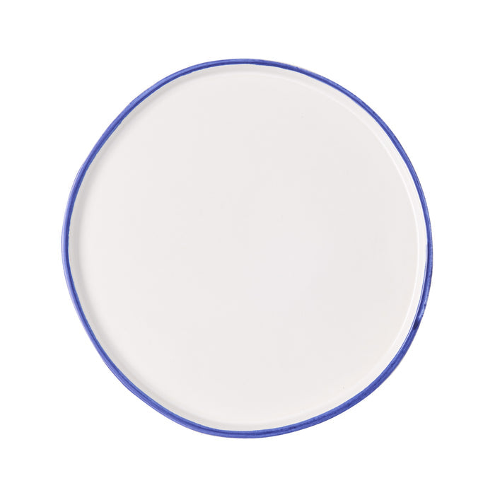 Pacific Blue-Rimmed Stoneware Salad Plate, 8" diameter, irregular shape, hand-painted blue edge.