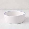 Pacific Blue-Rimmed Stoneware Soup Bowl, 6" diameter, white with hand-painted blue edge, irregular shape.
