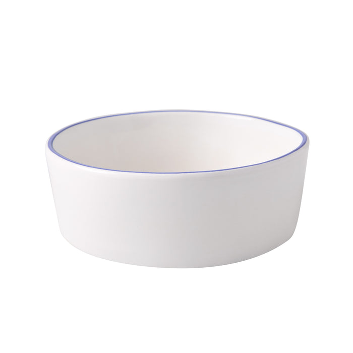 Pacific Blue-Rimmed Stoneware Soup Bowl, 6" diameter, white with hand-painted blue edge.
