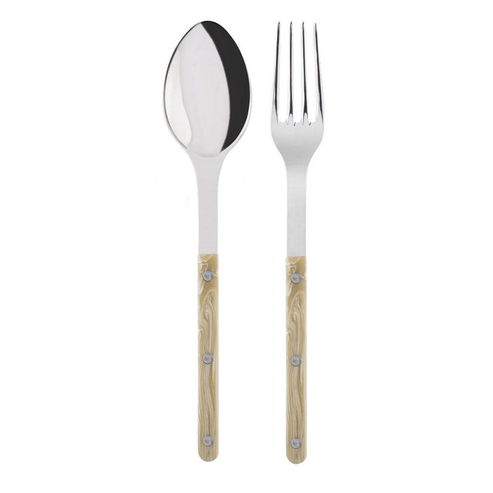 Paris Bistro 2-piece serving set: 10.25" stainless steel spoon and fork with light wood-grain acrylic handles.