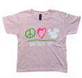 Pink t-shirt with peace sign, heart, and silhouette of a bear on a white background