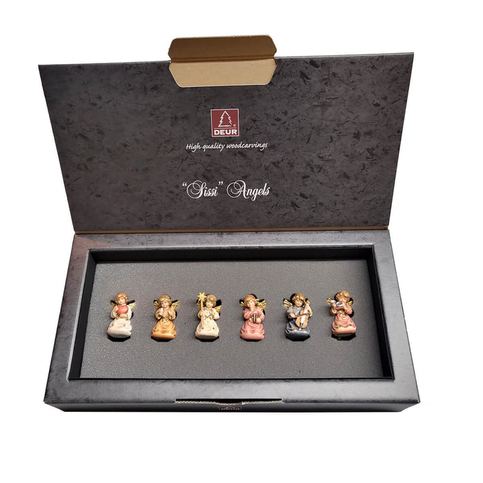 Set of 6 wood carved angel figurines in gift box