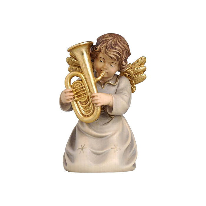 Kneeling Angel playing a tuba. His golden wings match the blue dress with small golden stars and a golden bow.