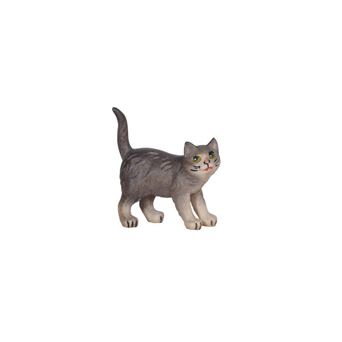 Hand-carved PEMA Kostner nativity cat standing with gray finish, arched neck, raised tail, and alert posture.
