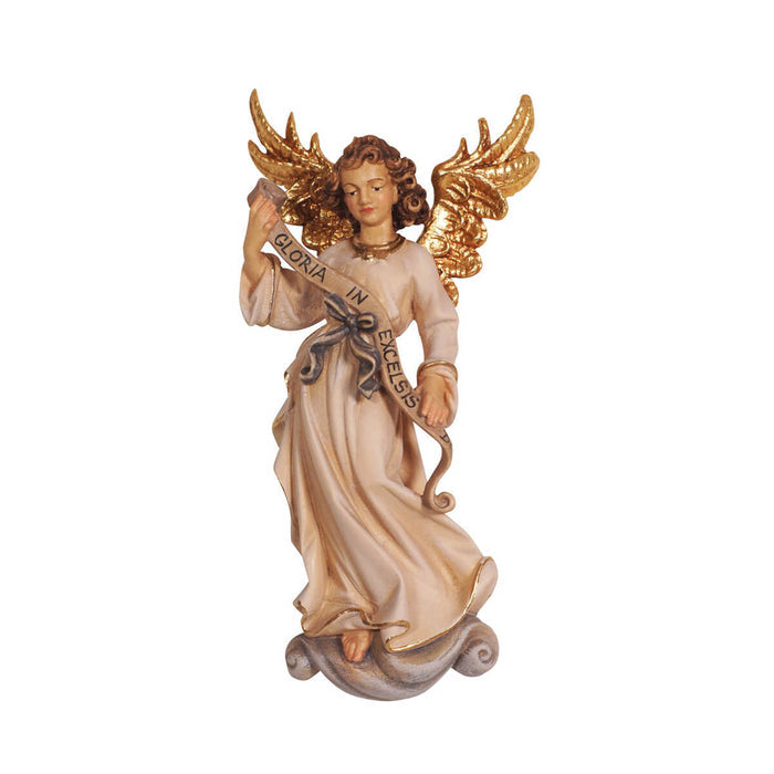 Hand-carved PEMA Kostner Gloria Angel wearing an off-white gown and holding a “Gloria In Excelsis Deo” banner, with gold-painted wings, crafted in Val Gardena, Italy.