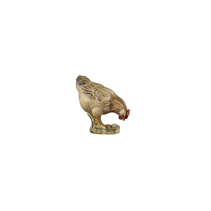 Hand-carved PEMA Kostner nativity hen eating with brown feathers and head lowered to the ground.