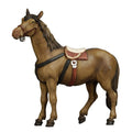 Hand-carved PEMA Kostner nativity horse standing with a bridle and decorated saddle, crafted from sycamore maple and oil-painted in Val Gardena, Italy.