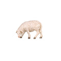 Hand-carved PEMA Kostner nativity sheep grazing with head lowered and looking left, made from sycamore maple wood and oil-painted in white tones, crafted in Val Gardena, Italy.