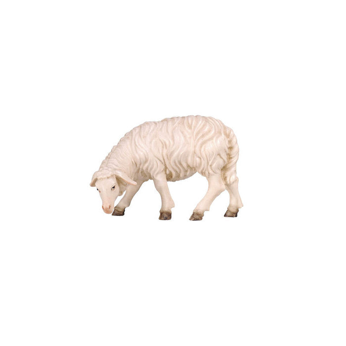 Hand-carved PEMA Kostner nativity sheep grazing with head lowered and looking left, made from sycamore maple wood and oil-painted in white tones, crafted in Val Gardena, Italy.