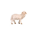 Hand-carved PEMA Kostner nativity sheep standing still with a thick white wool coat and looking attentively to the right, crafted in Val Gardena, Italy.