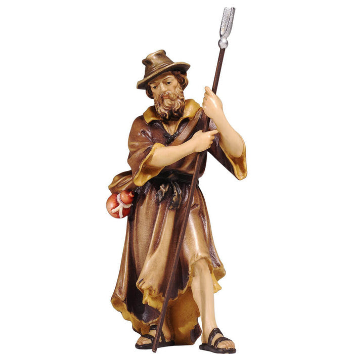 Hand-carved PEMA Kostner nativity shepherd holding a staff, made from sycamore maple wood and oil-painted, crafted in Val Gardena, Italy.l