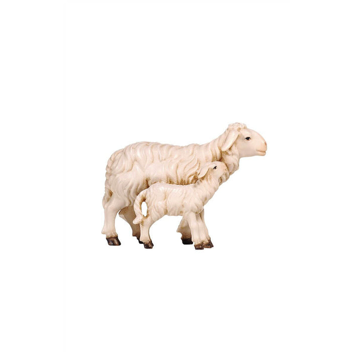 Hand-carved PEMA nativity sheep standing with a lamb nestled closely at its side, crafted from sycamore maple and oil-painted in Val Gardena, Italy.