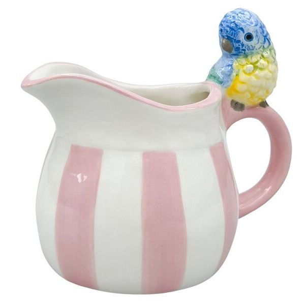Ceramic pitcher with pink stripes and a bird figurine