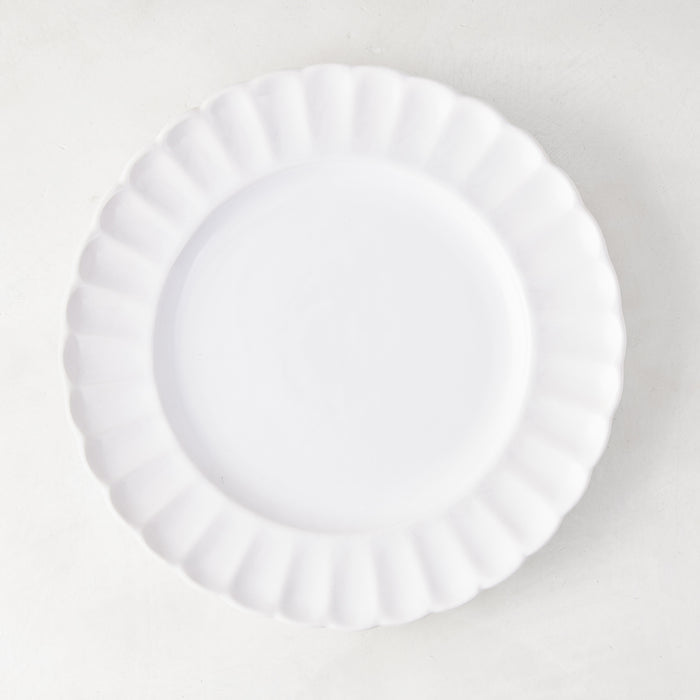 White Petal Stoneware Salad Plate, 9.25" diameter, with vintage-inspired rounded, glazed ceramic edges.