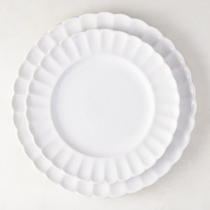 White Petal Stoneware Salad Plate, 9.25" diameter, with scalloped edges, stacked on a larger matching plate.