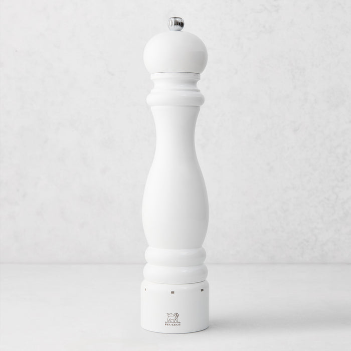 12-inch Peugeot Paris pepper mill in glossy white lacquer finish with a classic beechwood silhouette.