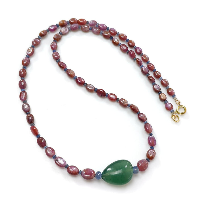 Pink Sapphire Beads Necklace: 134.00cts Natural Untreated Pink, Blue Sapphire & Green Quartz Gemstone Plain Oval Necklace 6*4mm - 9*7mm, 22"