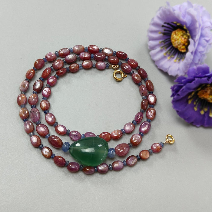 Pink Sapphire Beads Necklace: 134.00cts Natural Untreated Pink, Blue Sapphire & Green Quartz Gemstone Plain Oval Necklace 6*4mm - 9*7mm, 22"