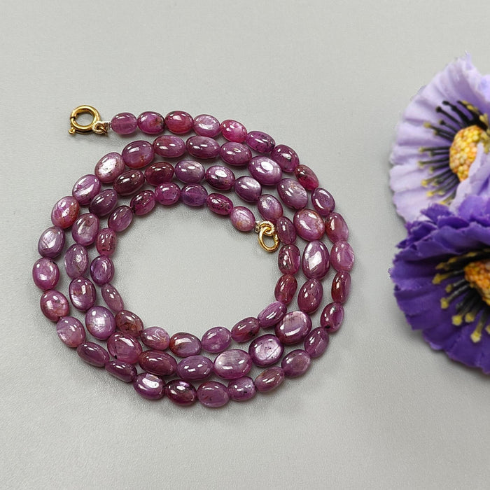 Pink Sapphire Gemstone Beads Necklace: 131.40cts Natural Untreated Raspberry Sheen Sapphire Plain Oval Brass Necklace 6*5mm - 9*7mm 20"
