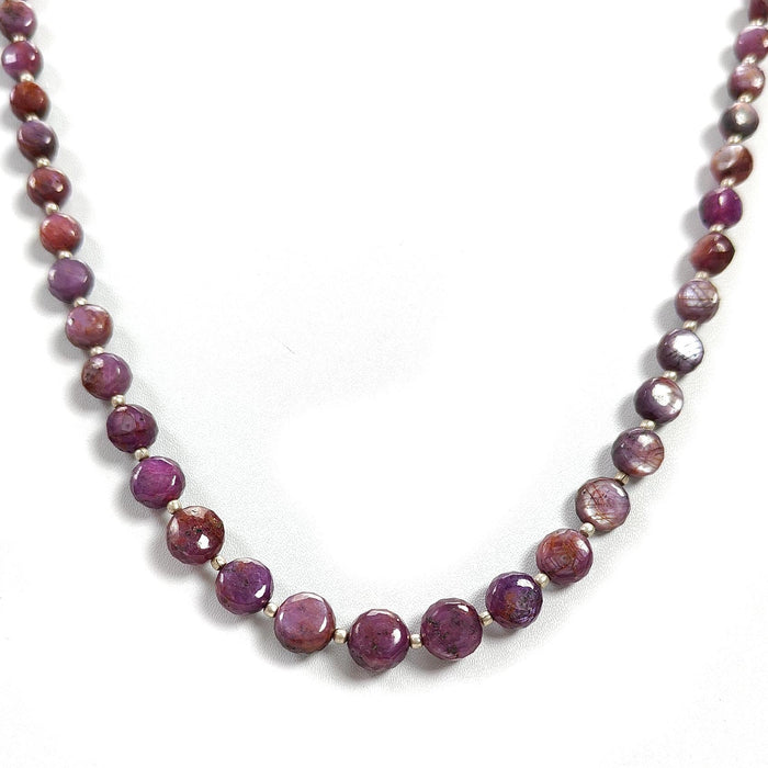 Pink Sapphire Gemstone Beads Necklace: 159.50cts Natural Untreated Raspberry Sapphire Plain Side Faceted Round Brass Necklace 4mm - 9mm 20"