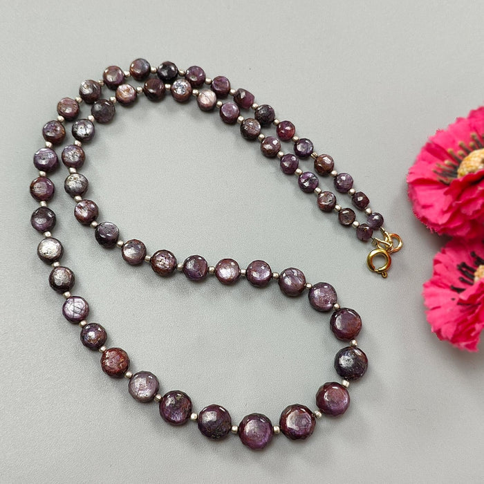 Pink Sapphire Gemstone Beads Necklace: 177.50cts Natural Untreated Raspberry Sapphire Plain Side Faceted Round Brass Necklace 5mm - 10mm 20"