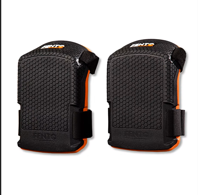 Pair of Pitch Hopper Knee Pads by FENTO, black honeycomb tread and orange padding, front view