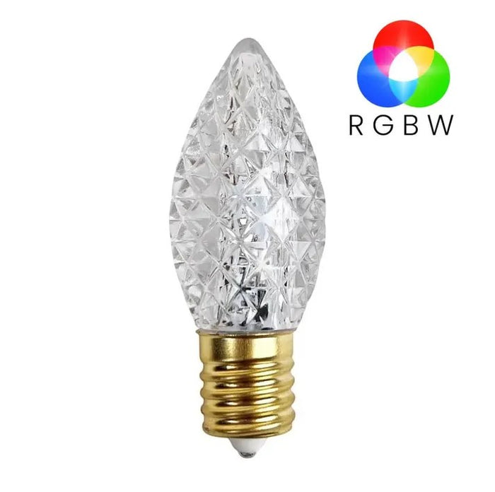 Certified Lights C9 RGBW retrofit bulb with textured clear plastic, gold base, capable of linear motion effects.