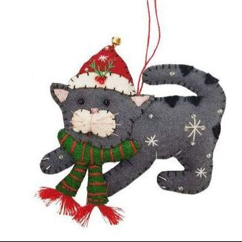Cat-shaped Christmas ornament with a Santa hat and scarf