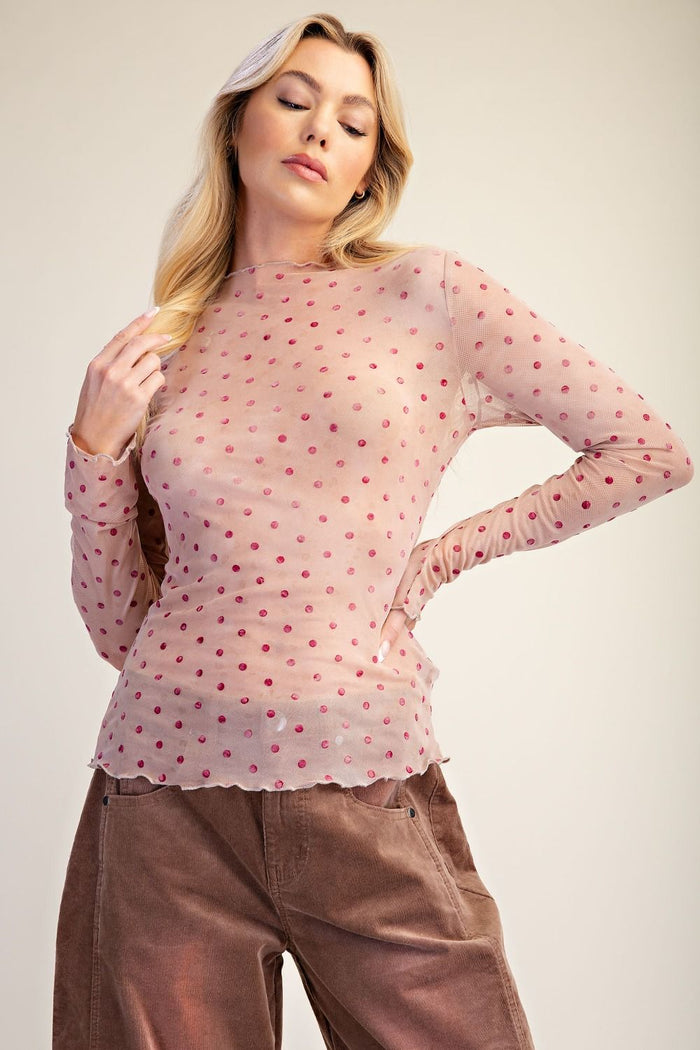 Polka Dot Mesh Top - Peach