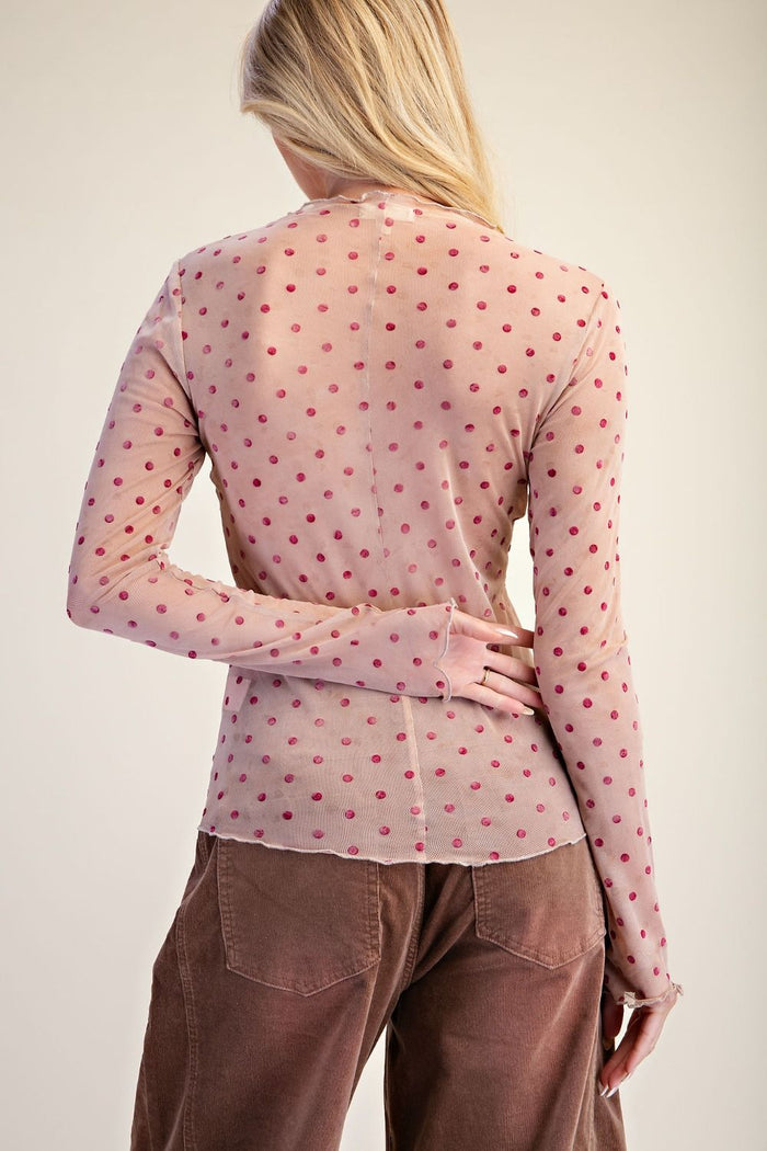 Polka Dot Mesh Top - Peach
