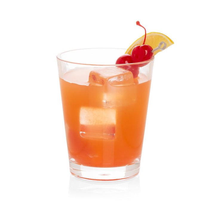 Clear acrylic double old-fashioned glass with an orange cocktail, ice, lemon wedge, and cherries.