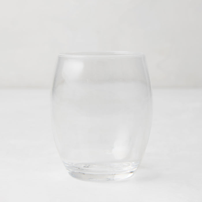Clear 18oz Poolside Acrylic Stemless Wine Glass with a sturdy bottom and smooth lip.