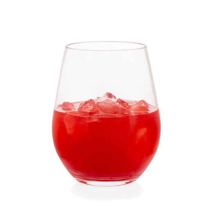 Clear acrylic stemless wine glass, 18oz, filled with red drink and ice.