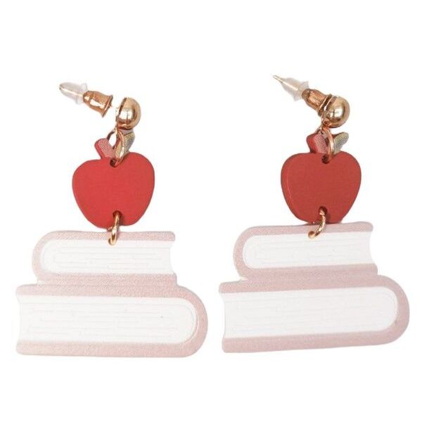 Earrings with red apple and white book design
