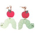 Pair of earrings with red apple and green caterpillar design