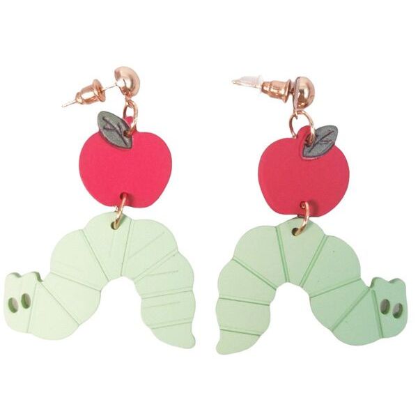 Pair of earrings with red apple and green caterpillar design