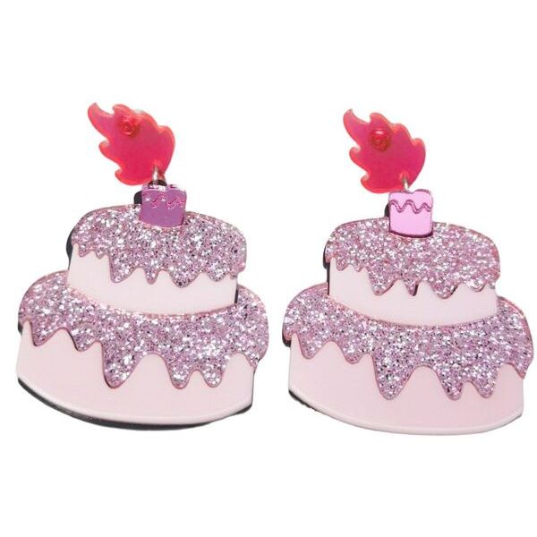 Two pink glittery cake-shaped earrings