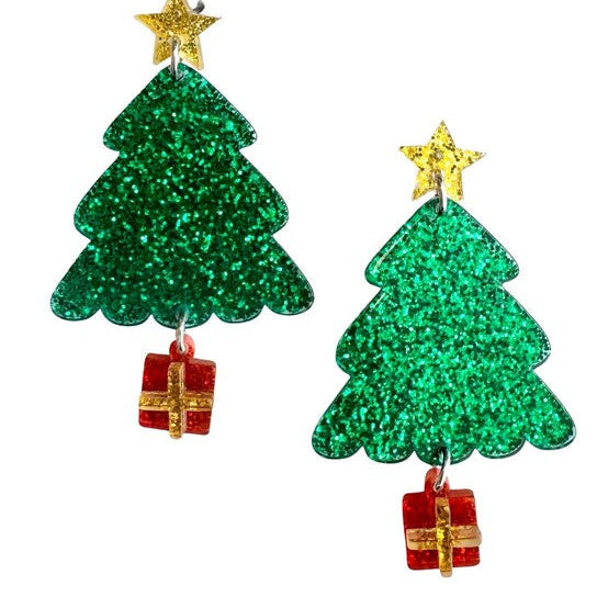 Green glittery Christmas tree earrings with red gift boxes and gold stars
