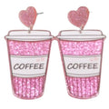 Pink glittery coffee cup earrings with heart-shaped elements