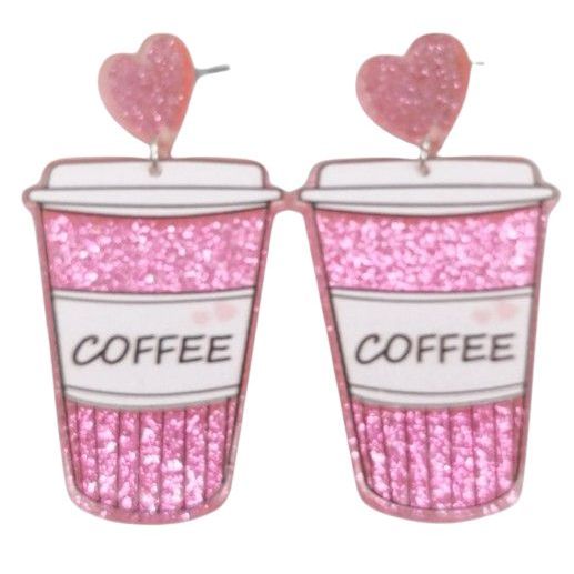 Pink glittery coffee cup earrings with heart-shaped elements