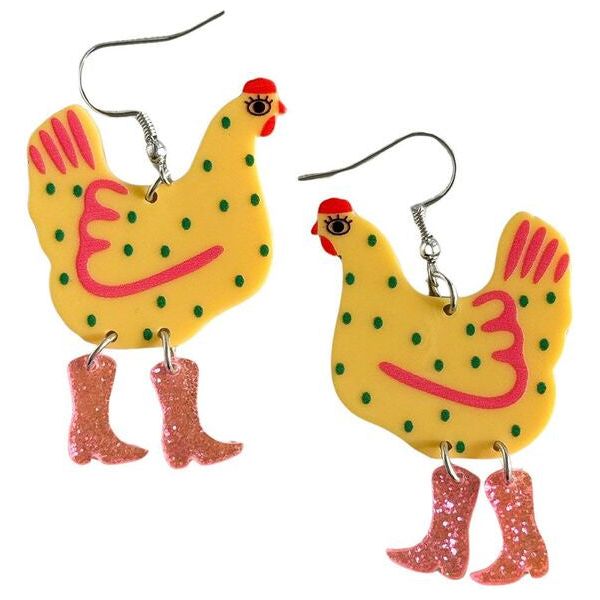 quirky chicken in boots earrings