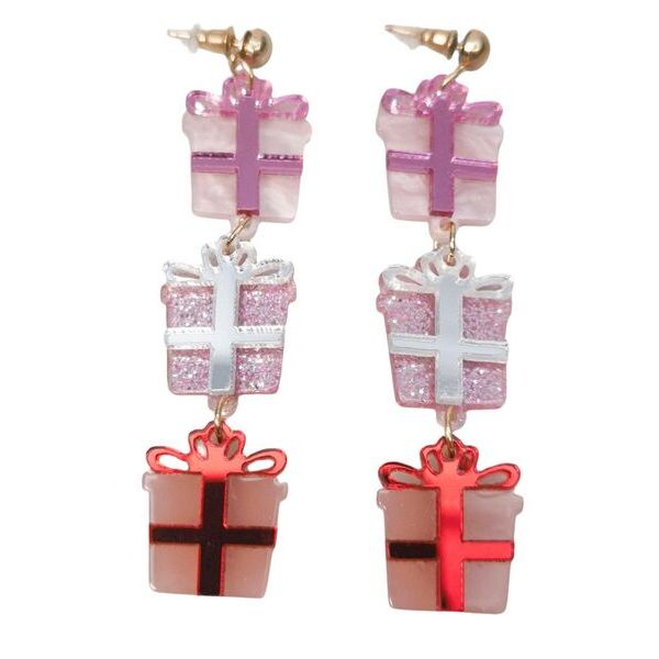 Earrings shaped like gift boxes in pink, white, and red
