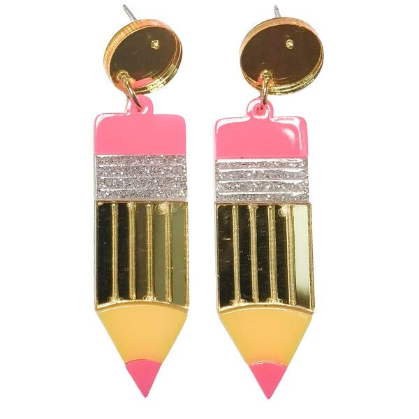 Pencil-shaped earrings with pink, gold, and glittery accents