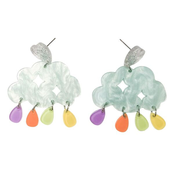 Pair of cloud-shaped earrings with colorful drop elements